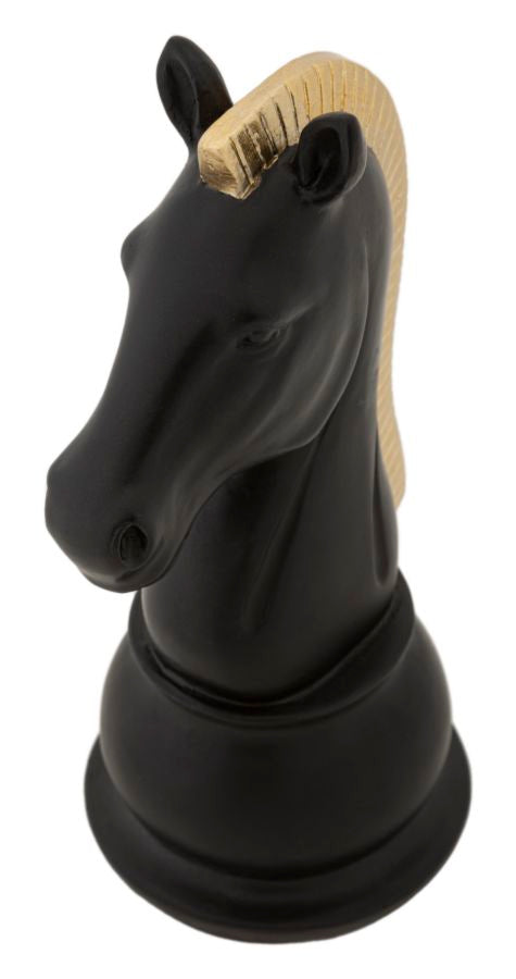 Pièce d’échecs en forme de cheval noir et doré (sculpture moderne)