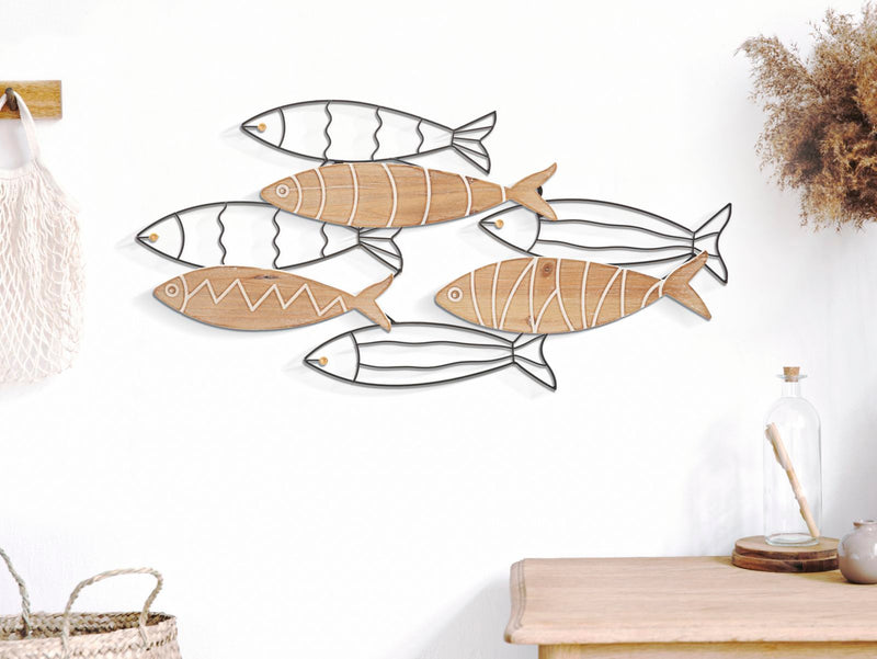 Décoration murale en métal et bois en forme de poisson