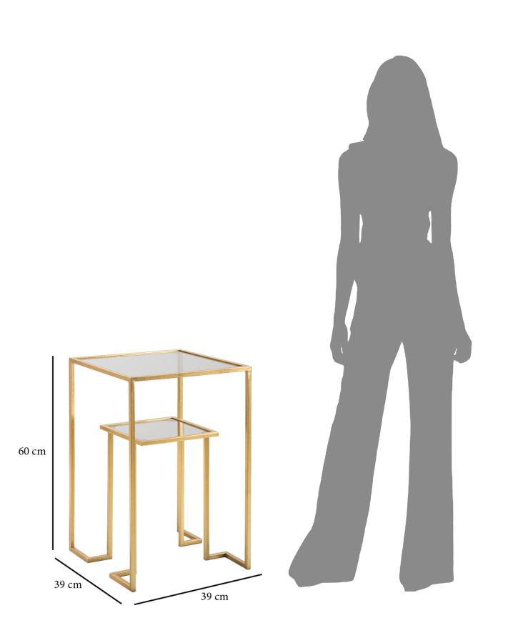 Table d’appoint carrée en métal doré et verre