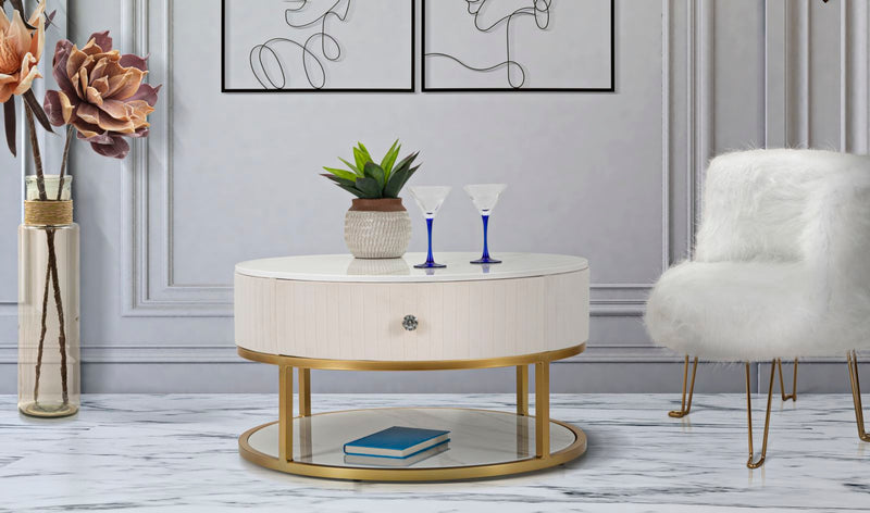 Table basse ronde à motifs de marbre crème et blanc