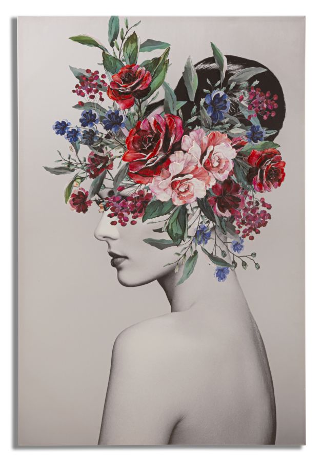 Peinture sur toile moderne représentant une femme avec des fleurs