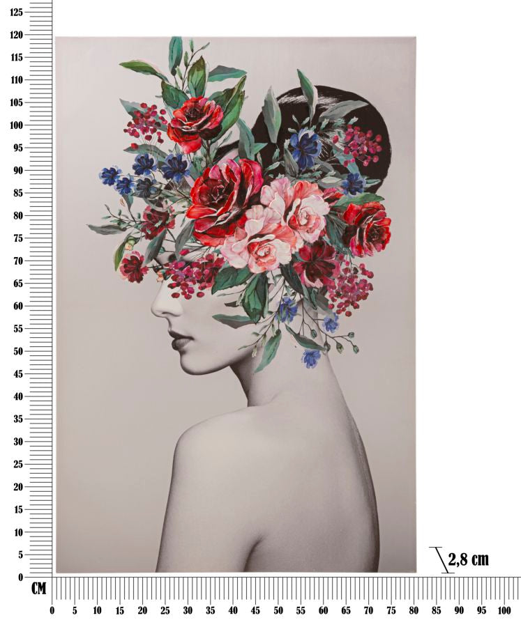 Peinture sur toile moderne représentant une femme avec des fleurs