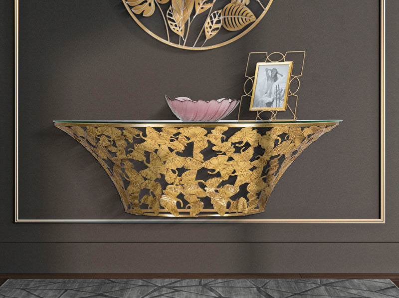 Console murale en métal doré et verre avec décor de feuilles