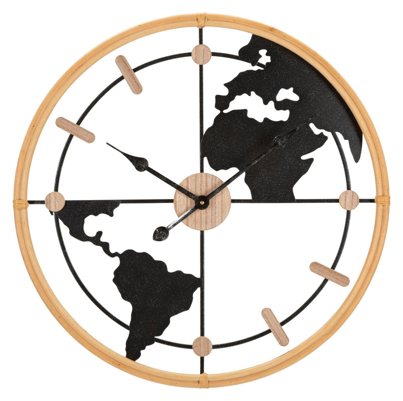 Horloge murale en métal et bois avec carte du monde