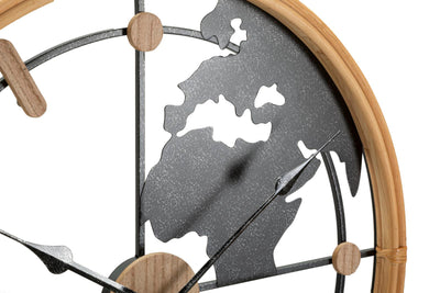 Horloge murale en métal et bois avec carte du monde