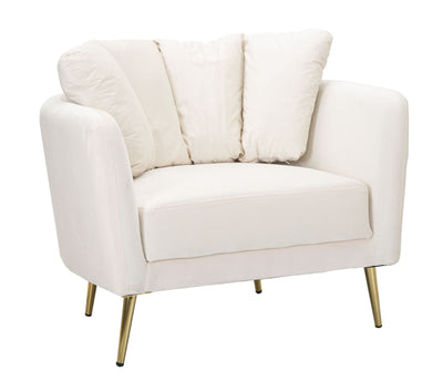 Fauteuil beige rembourré avec pieds en métal doré