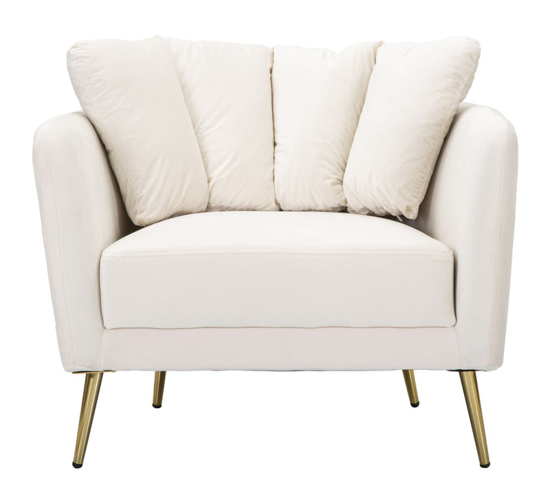 Fauteuil beige rembourré avec pieds en métal doré