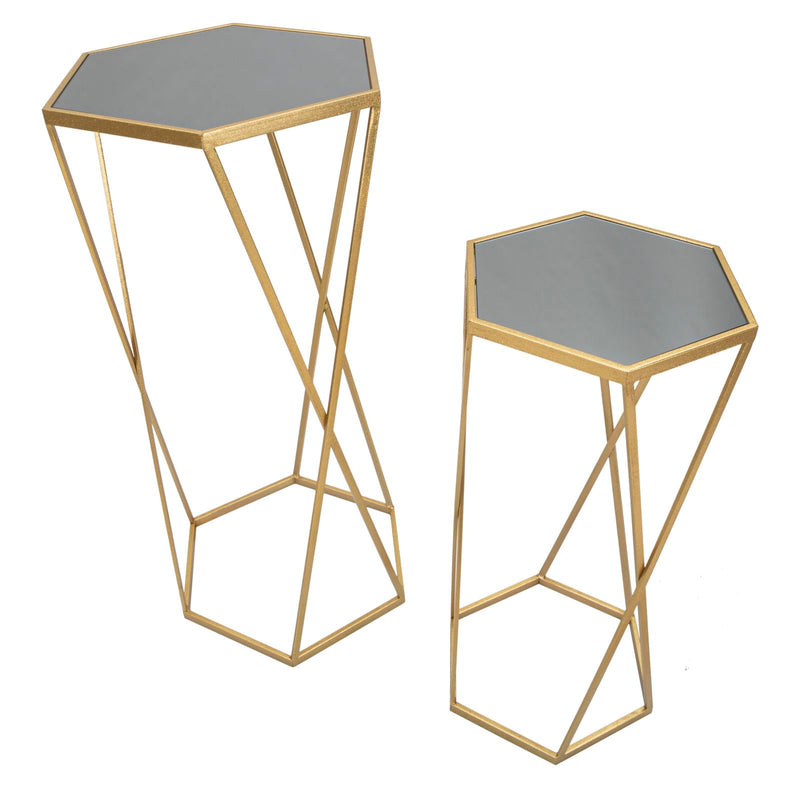 Petite table hexagonale en métal doré et verre (paire)