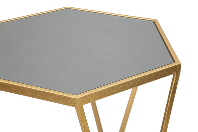 Petite table hexagonale en métal doré et verre (paire)