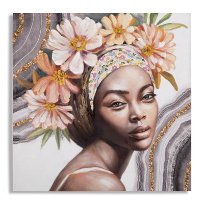 Peinture sur toile finition à la main représentant une femme noire avec coiffe florale