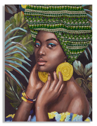 Peinture moderne finition à la main représentant une femme africaine dans la jungle