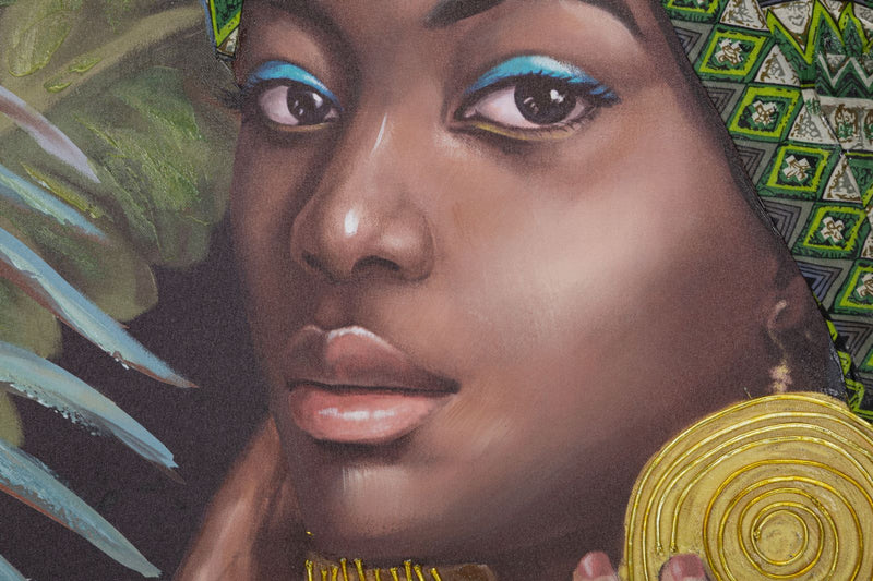 Peinture moderne finition à la main représentant une femme africaine dans la jungle