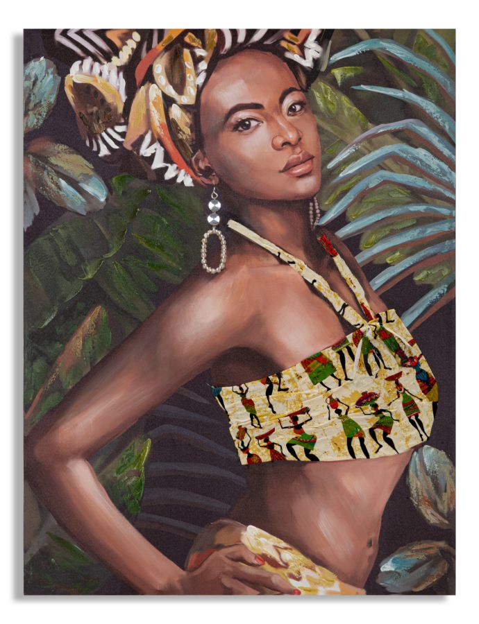 Peinture moderne finition à la main représentant une femme africaine dans la jungle