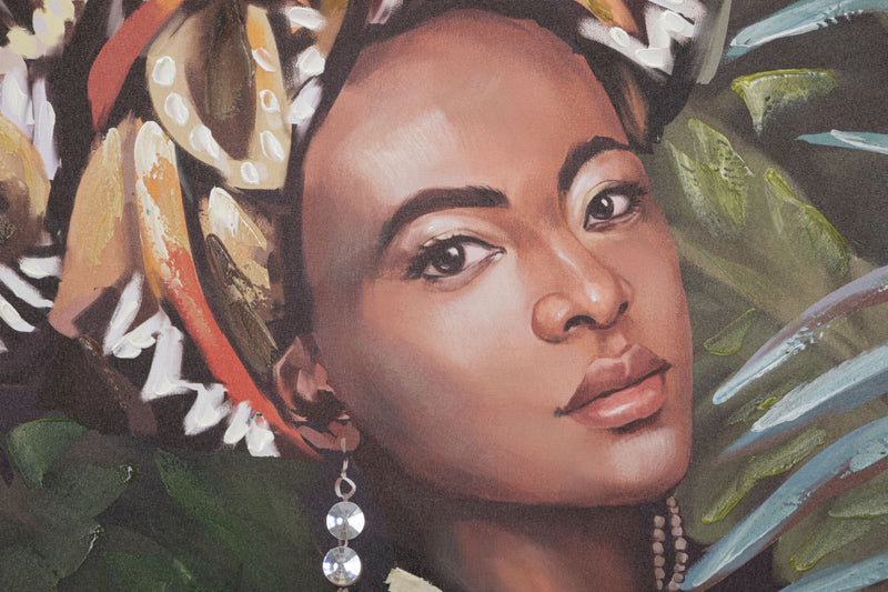 Peinture moderne finition à la main représentant une femme africaine dans la jungle