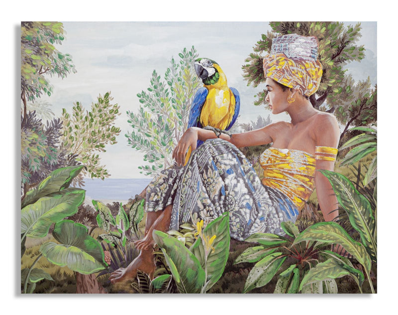 Peinture finition à la main représentant une femme africaine dans la jungle avec un perroquet