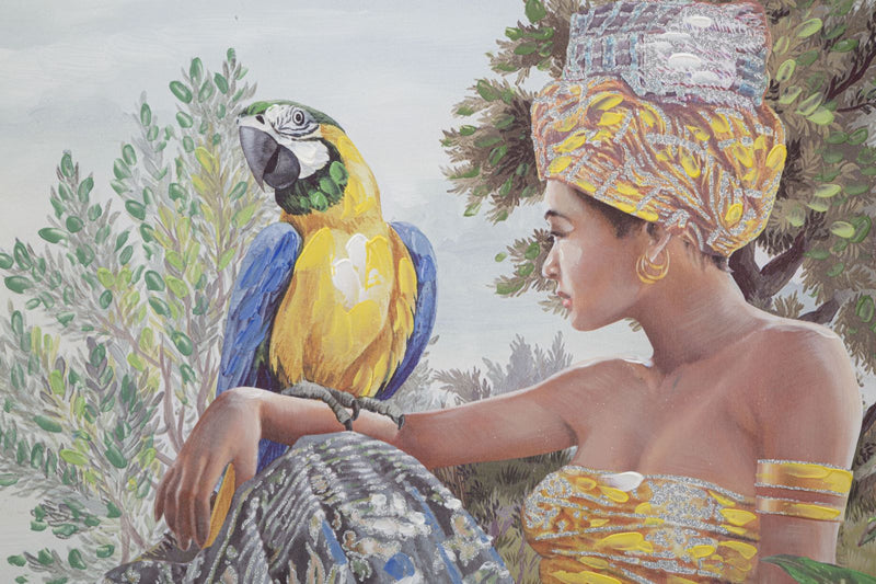 Peinture finition à la main représentant une femme africaine dans la jungle avec un perroquet