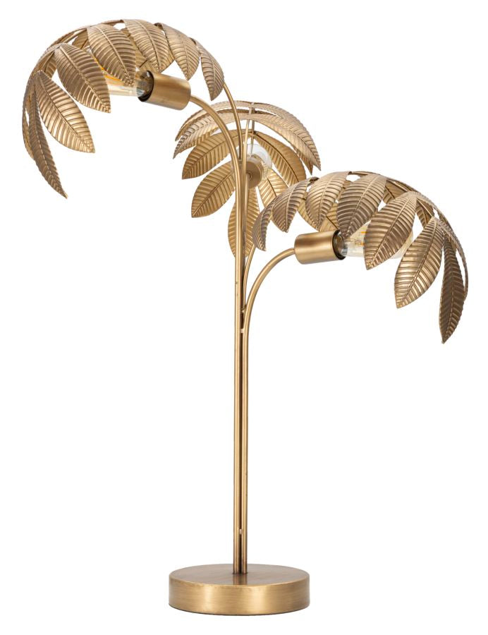 Lampe de table à 3 lumières en métal doré avec feuilles tropicales