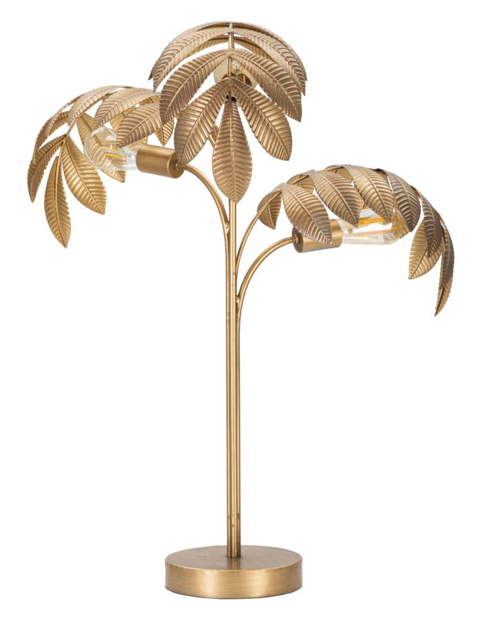 Lampe de table à 3 lumières en métal doré avec feuilles tropicales