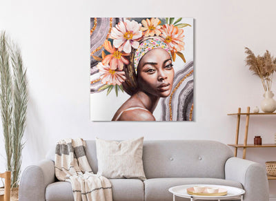 Peinture sur toile finition à la main représentant une femme noire avec coiffe florale