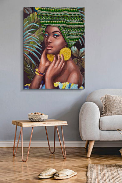 Peinture moderne finition à la main représentant une femme africaine dans la jungle