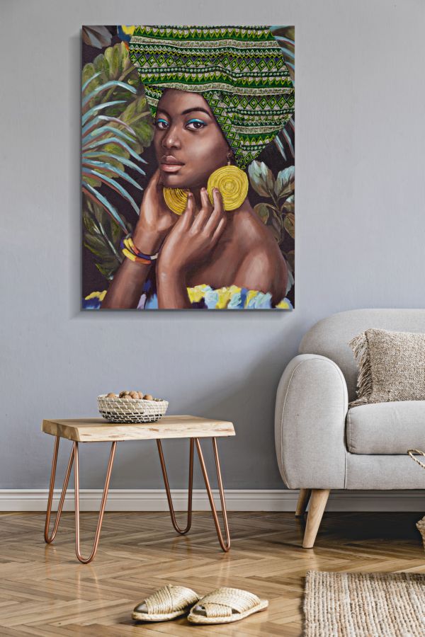 Peinture moderne finition à la main représentant une femme africaine dans la jungle