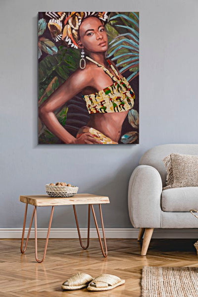 Peinture moderne finition à la main représentant une femme africaine dans la jungle