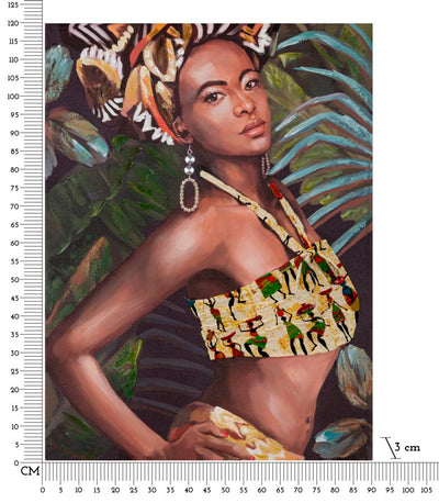 Peinture moderne finition à la main représentant une femme africaine dans la jungle