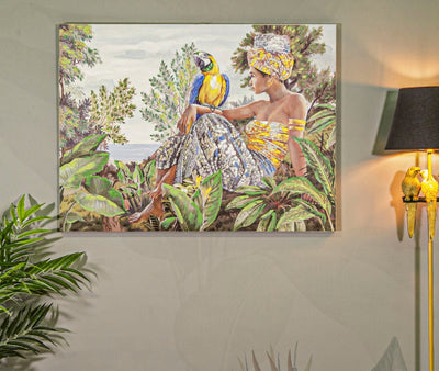 Peinture finition à la main représentant une femme africaine dans la jungle avec un perroquet