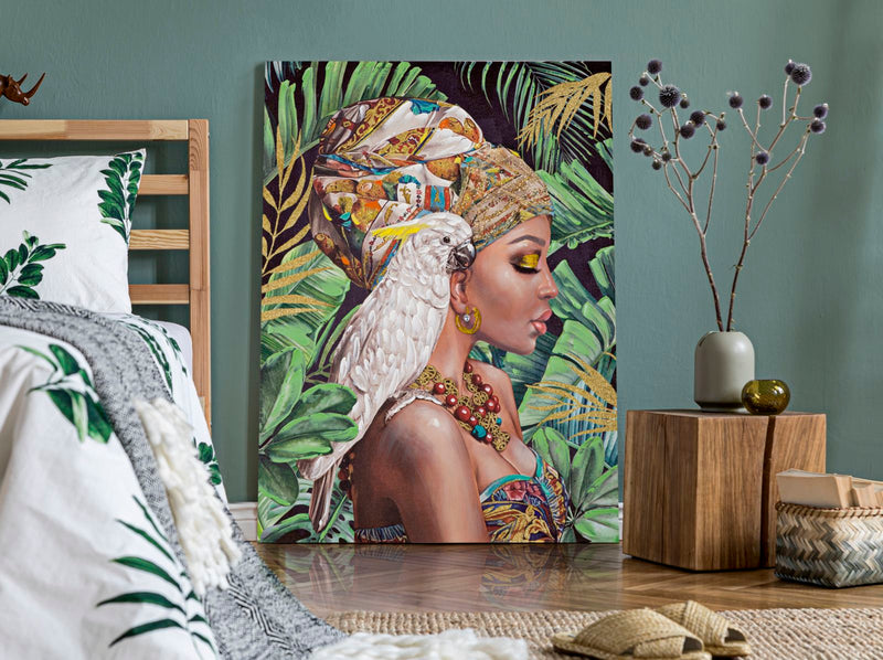 Peinture finition à la main représentant une femme africaine dans la jungle avec un perroquet