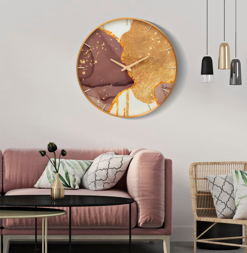 Horloge murale abstraite en métal et verre brun doré