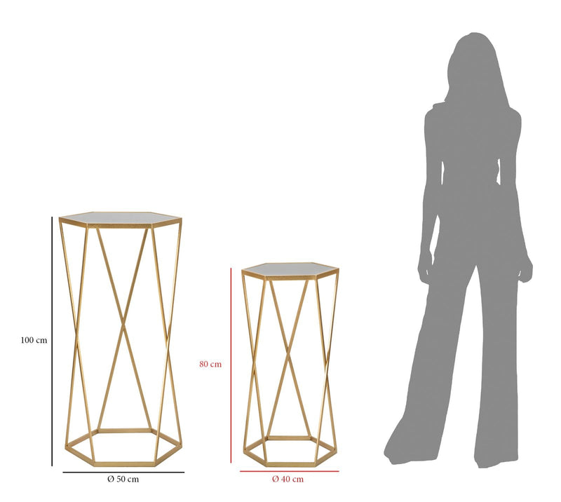 Petite table hexagonale en métal doré et verre (paire)