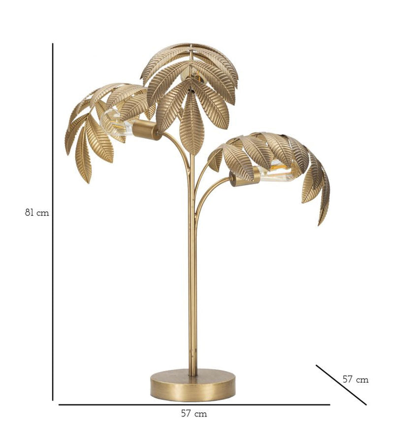 Lampe de table à 3 lumières en métal doré avec feuilles tropicales