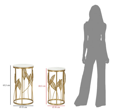 Petite table ronde en métal doré avec feuille décorative (ensemble de 2)