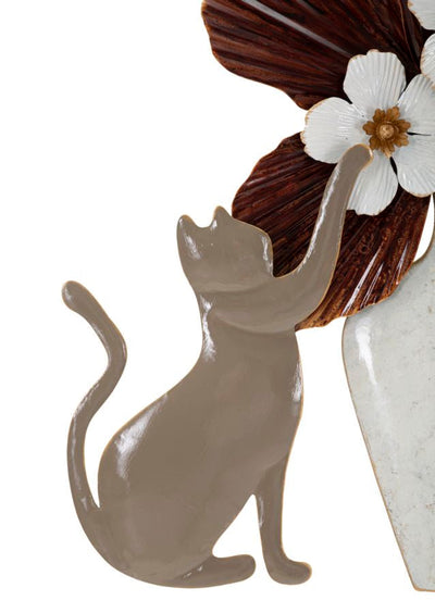 Décoration murale en métal avec chat et vase avec fleurs