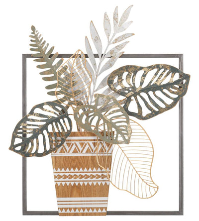 Vase en métal et bois avec feuilles tropicales - décoration murale