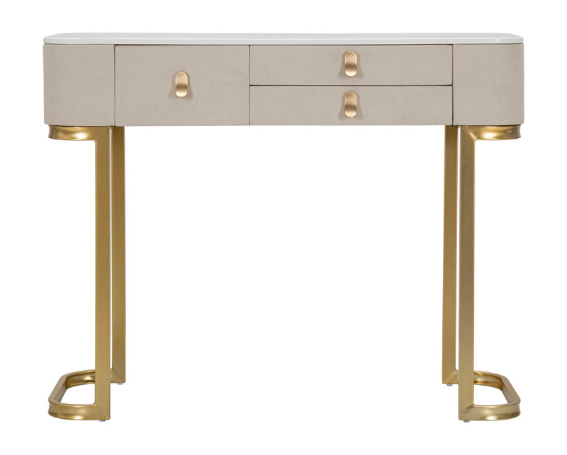 Table console dorée et blanche avec plateau à motifs de marbre