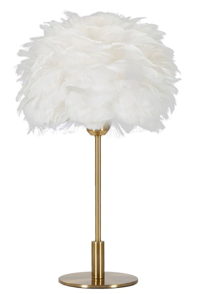 Lampe à poser en métal doré et plumes blanches