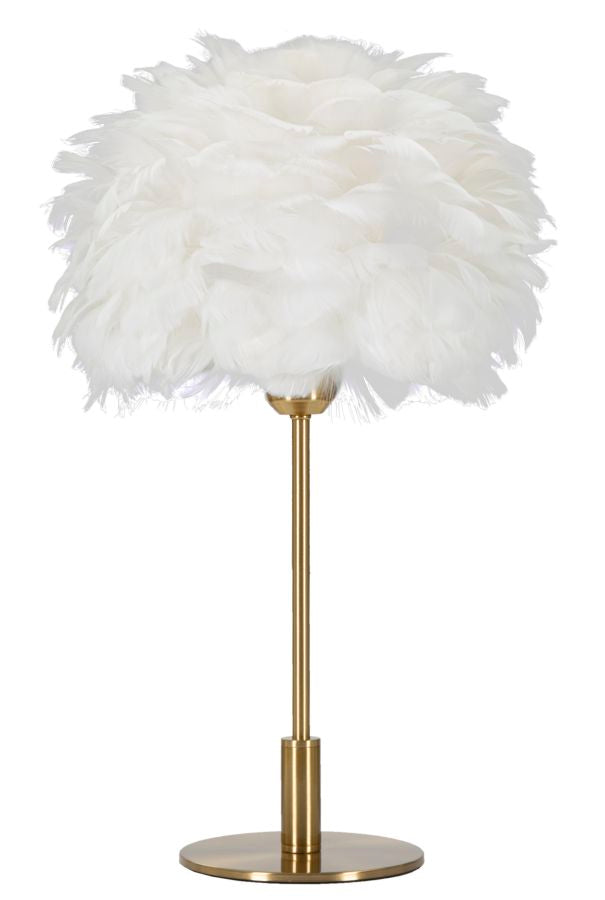 Lampe à poser en métal doré et plumes blanches