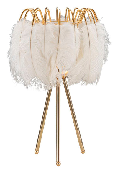 Lampe de table à 3 pieds en métal doré et plumes blanches