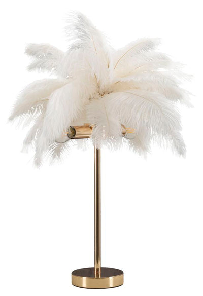 Lampe à poser en métal doré et plumes blanches