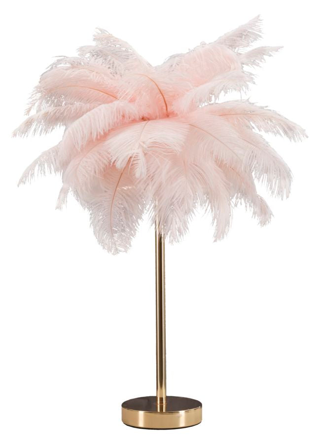 Lampe à poser en métal doré et plumes roses