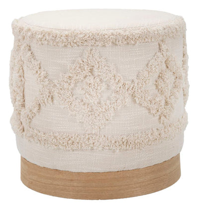 Pouf rond crème avec base en bois