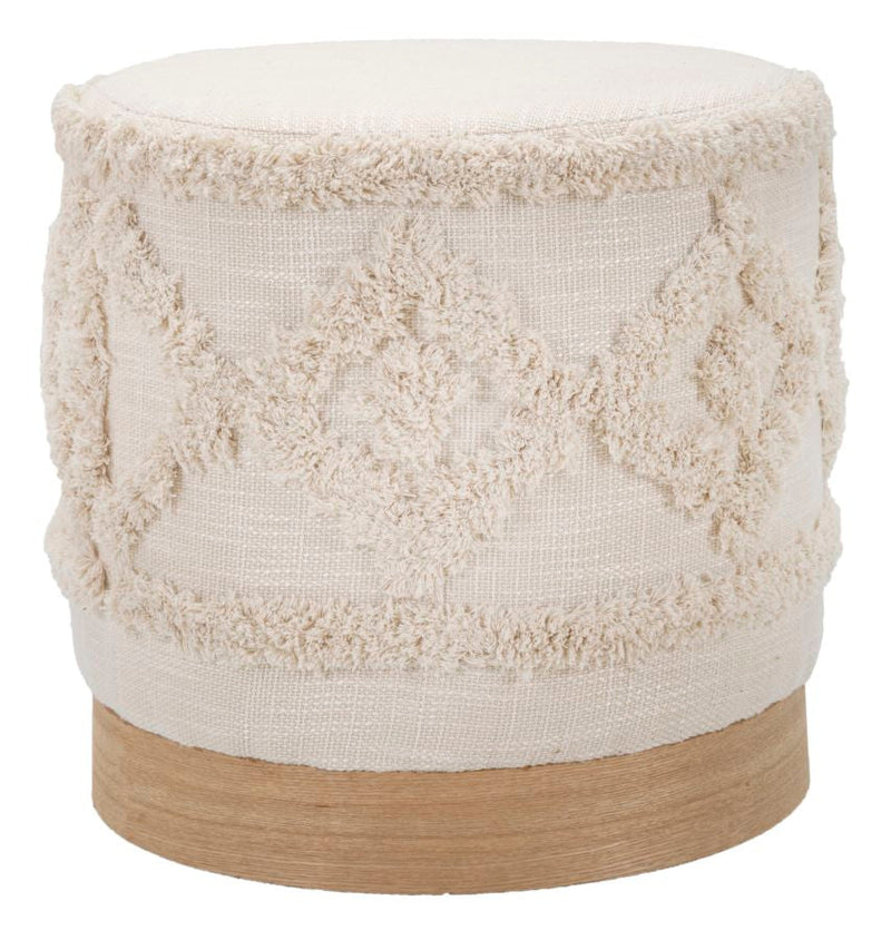 Pouf rond crème avec base en bois