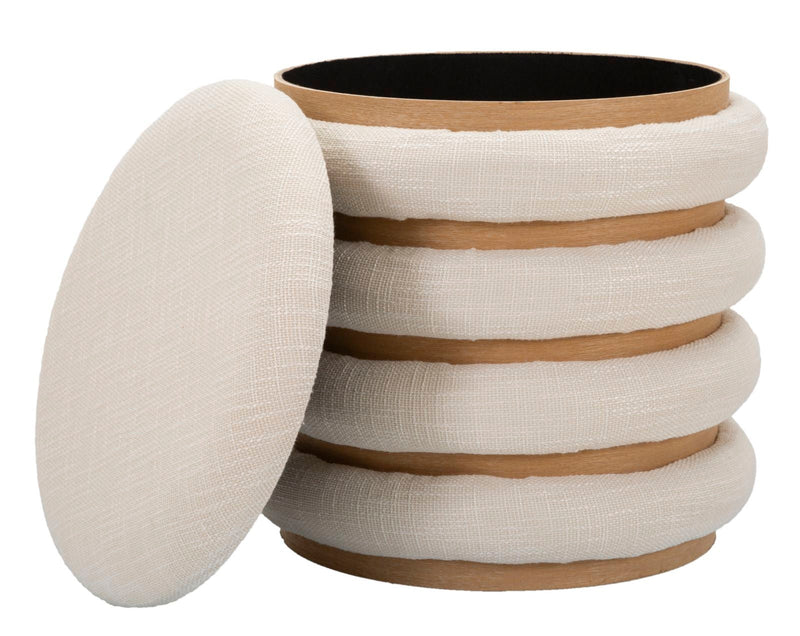 Pouf rond en bois et rembourré crème