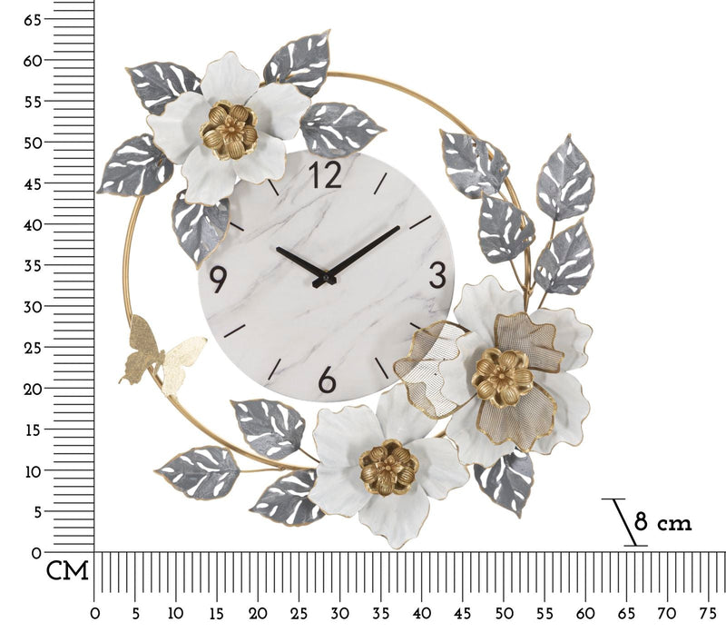 Horloge murale avec fleurs et feuilles en métal