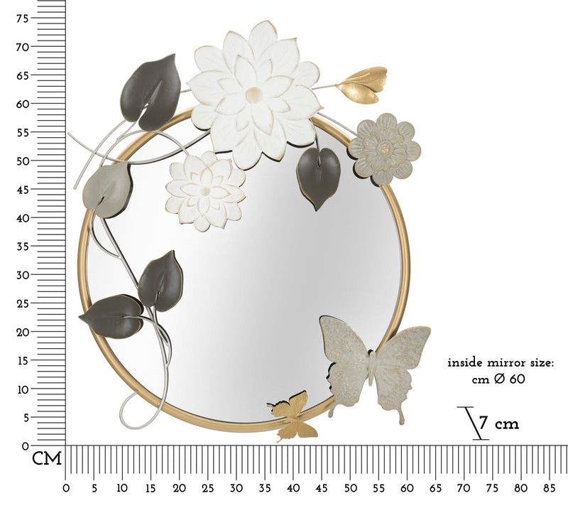 Miroir mural rond en métal avec fleurs et papillons