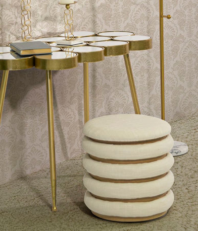 Pouf rond en bois et rembourré crème