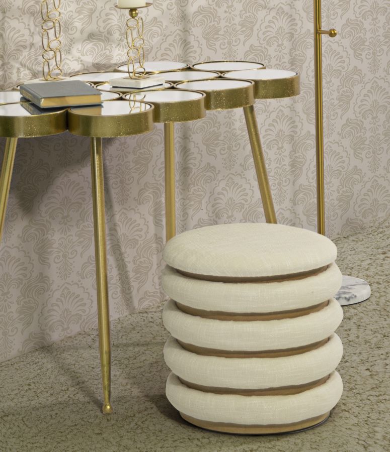 Pouf rond en bois et rembourré crème