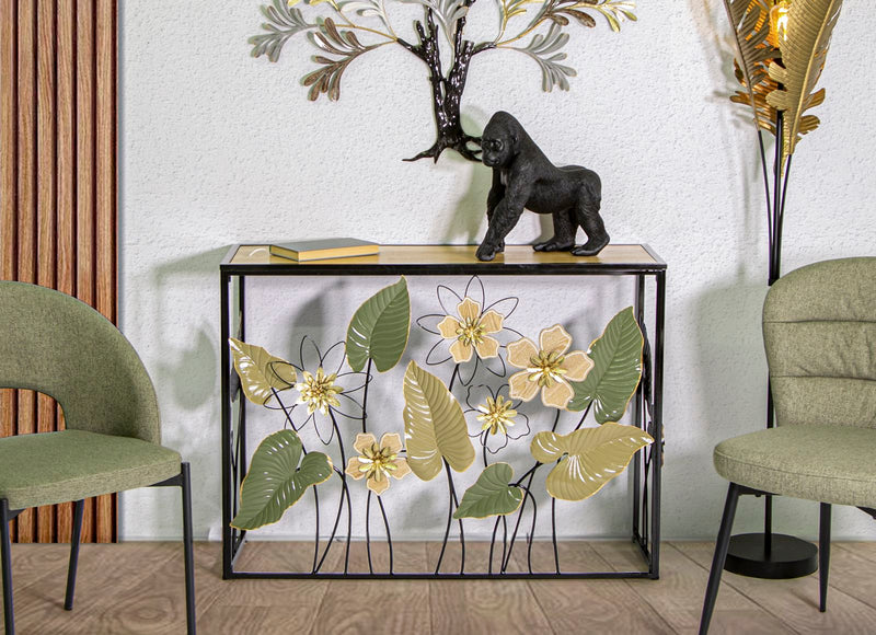 Table console carrée en métal et bois avec décor de fleurs et de feuilles