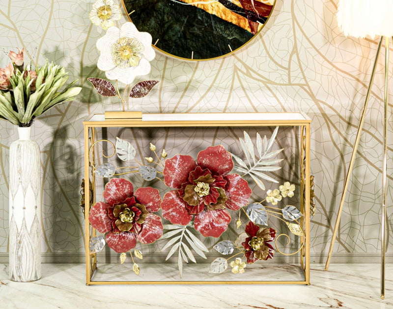 Table console en métal et verre avec feuilles et fleurs rouges